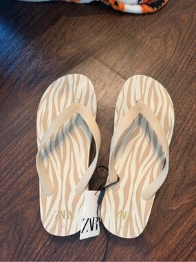 Zara Beige Zebra-Print Flip Flop Sandals